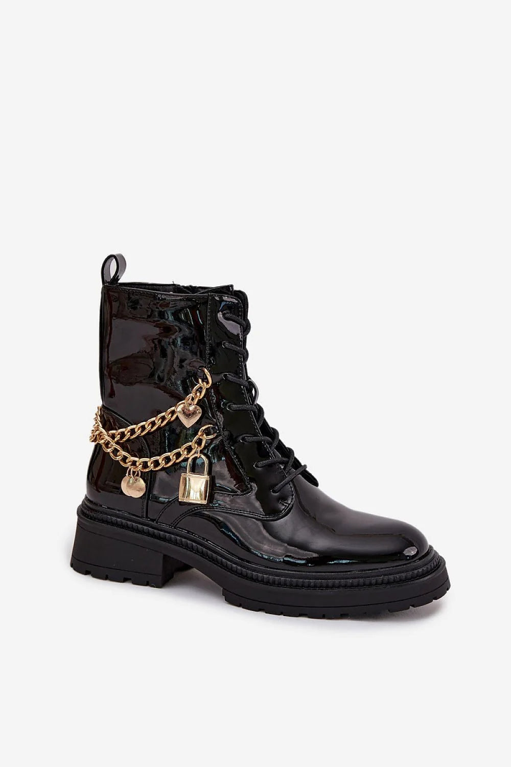 bottines femme simili cuir verni noir lacées semelle crantée crantée talon bas carré fermeture éclair doublure fourrure chaîne dorée pendentifs