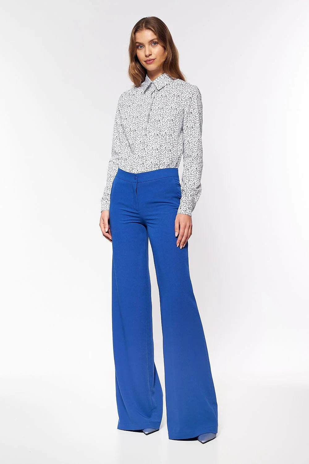 Pantalon palazzo polyester élégant bleu évasé moderne confort bureau décontracté femme taille haute