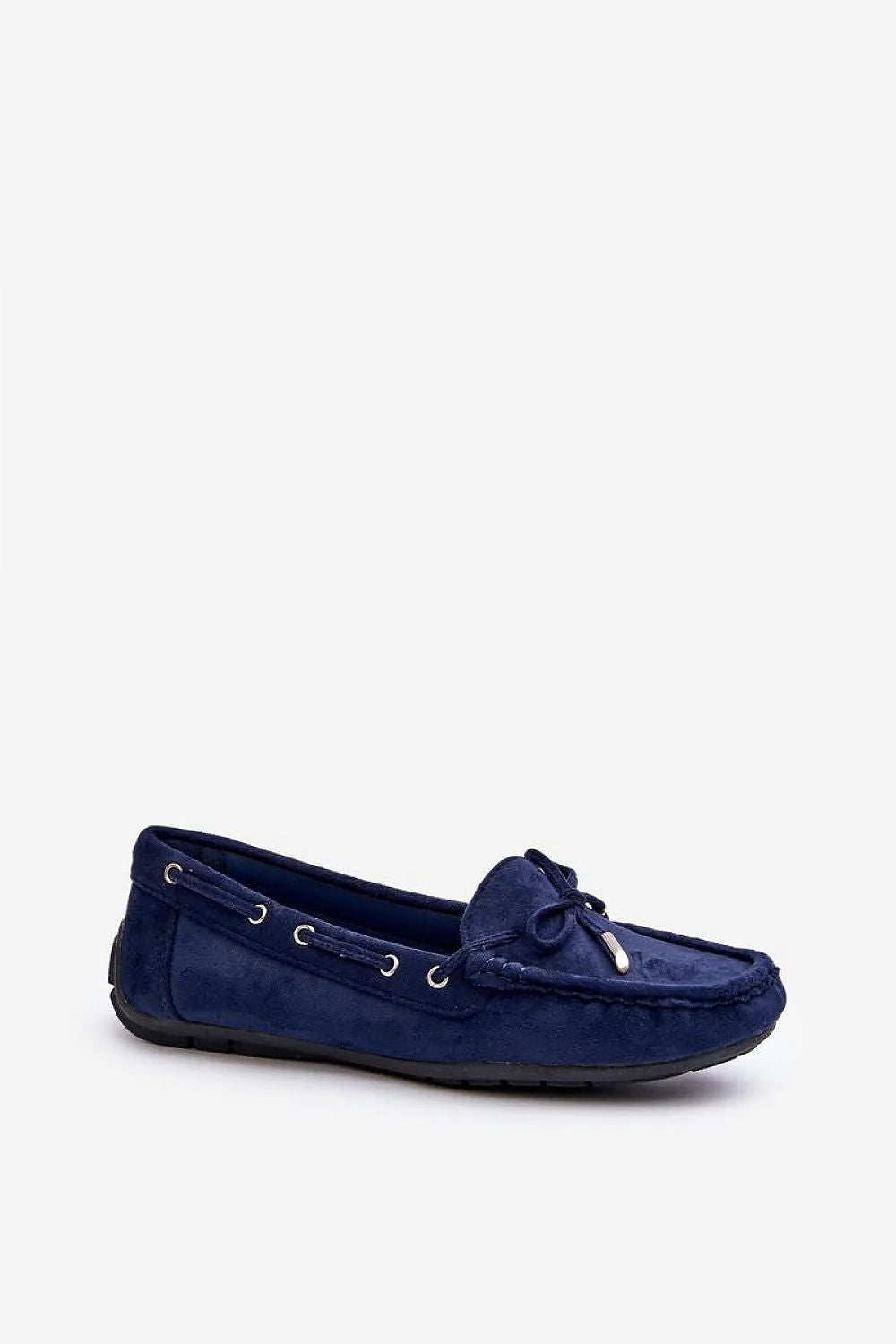 mocassins femme classiques ecosuede daim bleu marine noeud decoratif lacets embouts metalliques coutures apparentes semelle antiderapante crantee interieure rembourree confortable