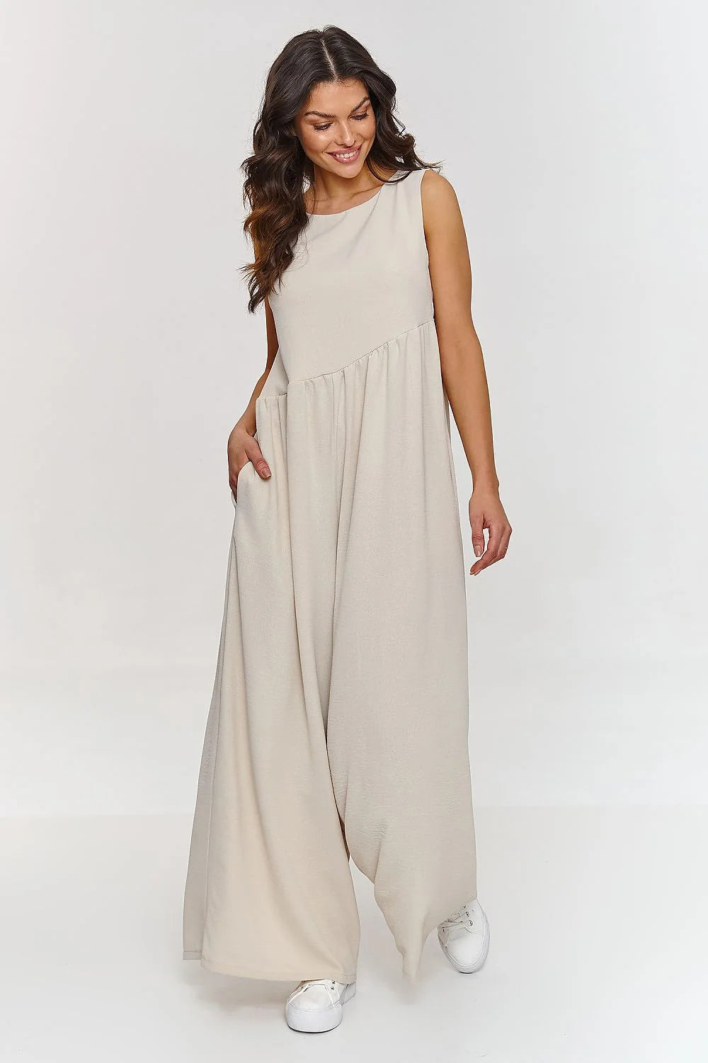 Robe sans manches beige ample drapée évasée coupé Empire poches latérales invisible sérénité Makadamia