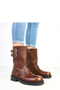 bottines femme biker cognac cuir écologique boucles décoratives réglables bout rond tige23cm semelle crantée antidérapante talon bas zippée