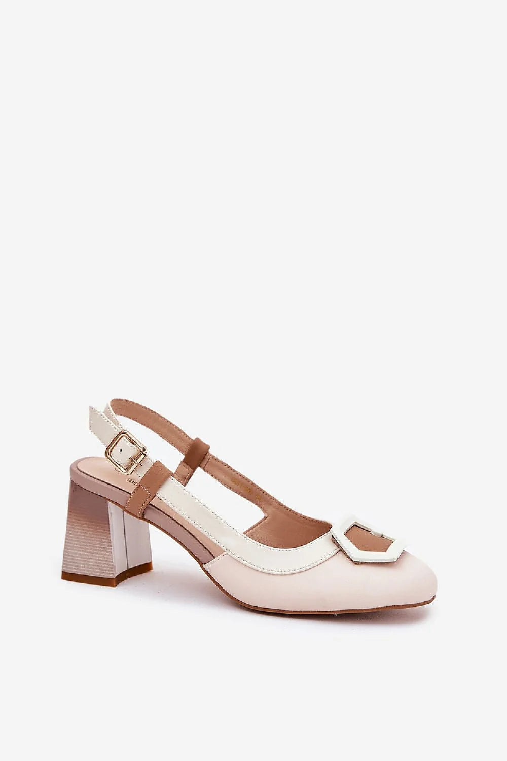Sandales à talons block élégantes pour femme, design moderne slingback, embellissement géométrique, couleur ivoire doux, brides ajustables, semelle durable, style versatile pour robes ou tenues décontractées