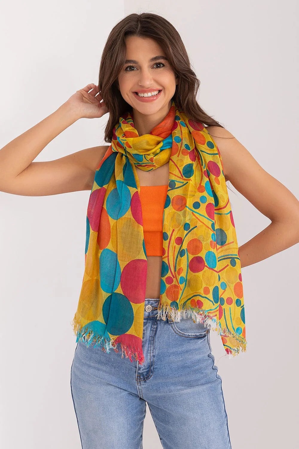Écharpe artistique multicolore pour femme, design vibrant en coton 100%, écharpe légère et douce, idéale pour les occasions spéciales ou quotidiennes, style bohème, finition frangée