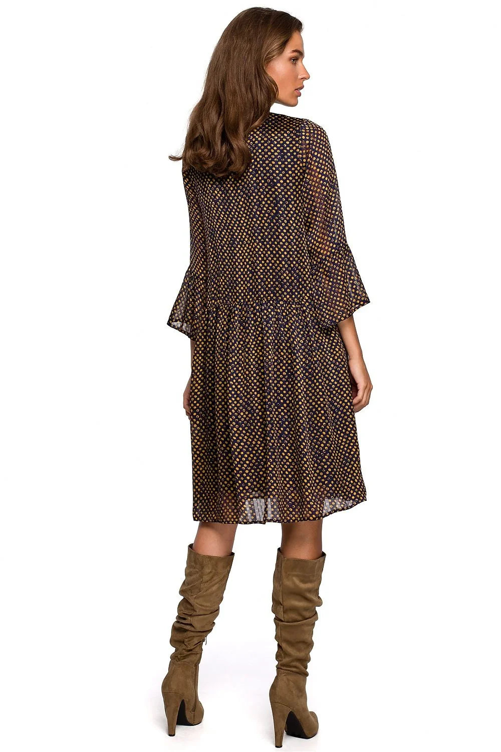 Robe en polyester chic décontractée motifs à pois manches longues évasées pour femmes élégantes et stylées