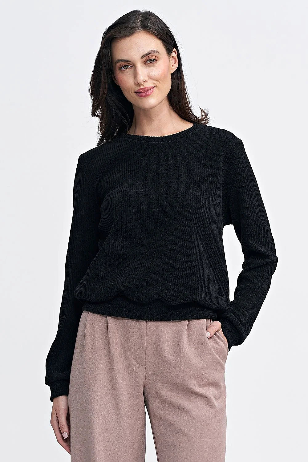 Chemisier Nife classique pour femme en tissu côtelé noir manches longues col rond coupe ample