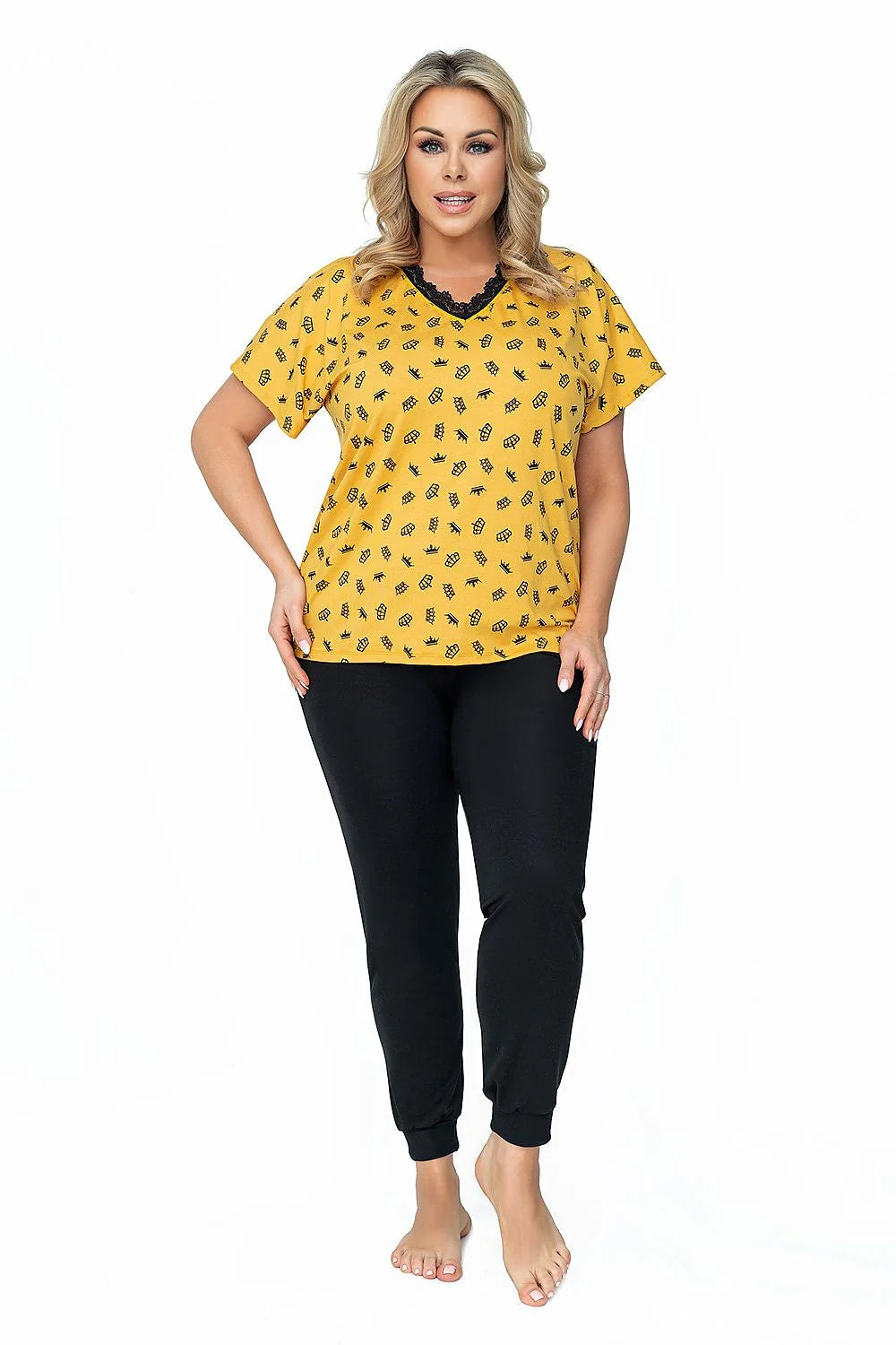 Ensemble pyjama femme viscose dentelle élégant jaune noir confort imprimé détente taille plus