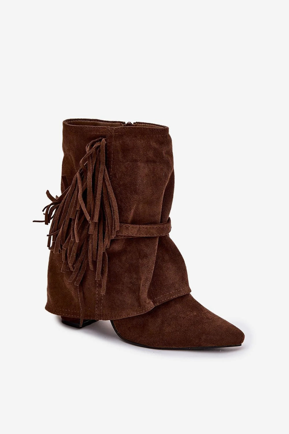bottines femme suédé écologique marron daim western bohème franges lanières boucles dorées bout pointu talon bloc 10cm fermeture éclair plissée