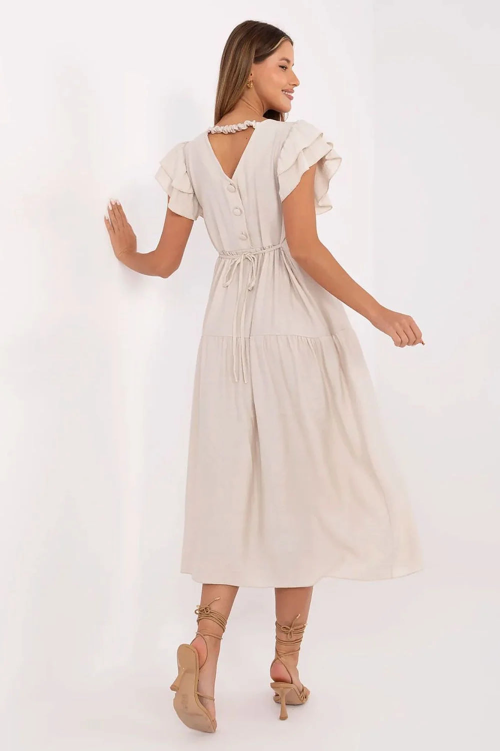 Robe longue été femme en viscose et nylon, manches courtes à volants, col en V, style bohème chic, couleur écrue