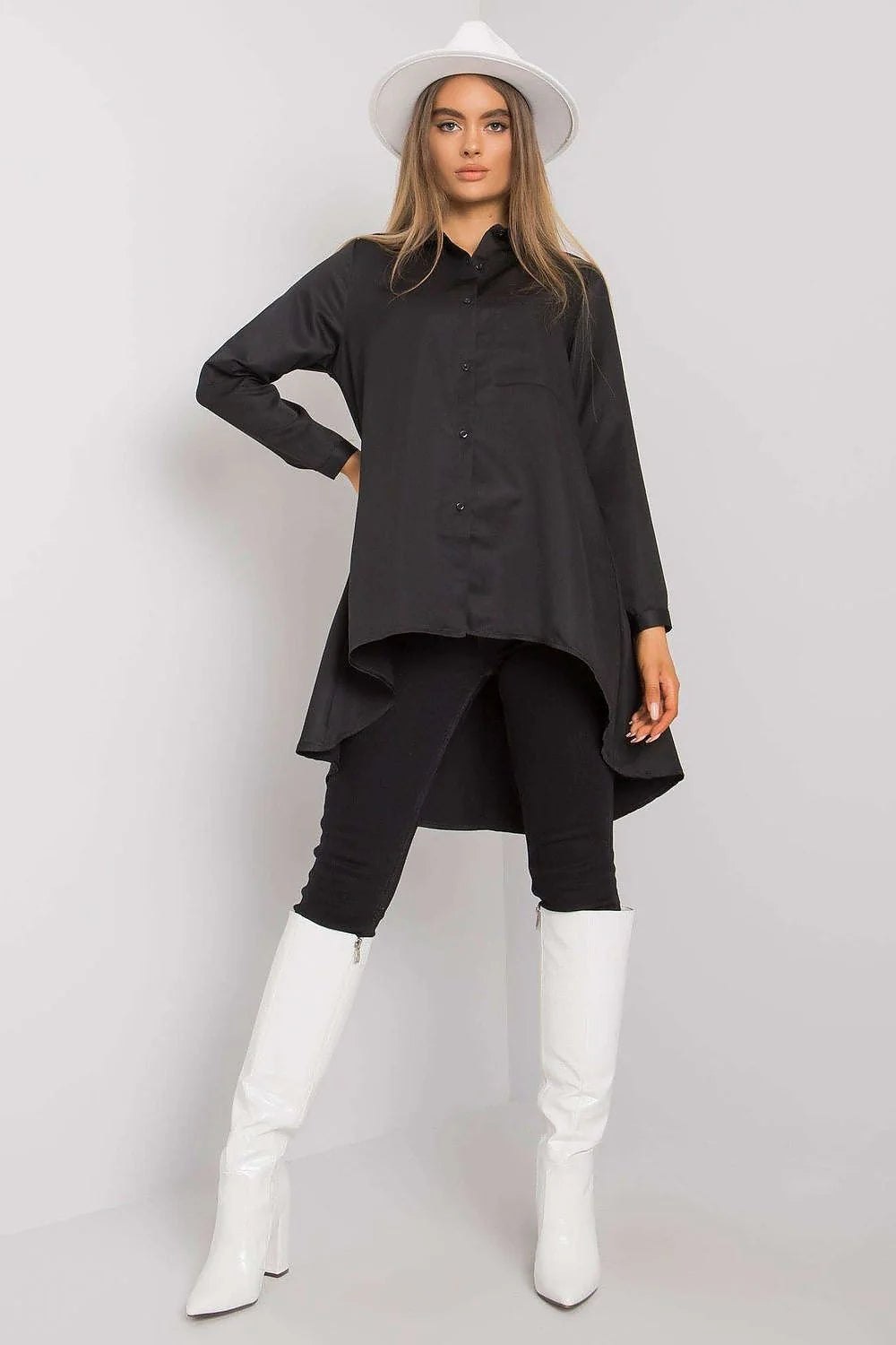 Chemise pour femme manches longues Ex Moda noir longueur asymétrique tissu satiné coton élasthanne polyester