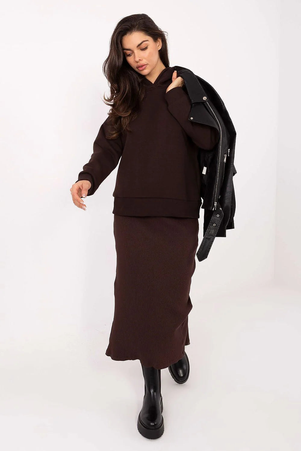 sweatshirt femme hoodie oversize marron chocolat uni coupe droite décontractée molleton épais capuche sans cordon manches longues doublure chaude coton
