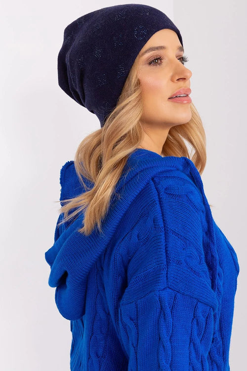 Bonnet et cardigan pour femme en laine acrylique bleu marine et électrique motifs brillants style moderne chic hiver automne