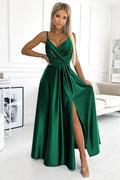 Robe longue élégante en satin vert émeraude fente haute décolleté V bretelles fines ceinture ajustable occasion spéciale femme