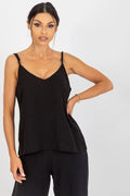 Débardeur pour femme ample bretelles ajustables col V noir coton 50% len 25% viscose 25% taille ajustable S M L XL