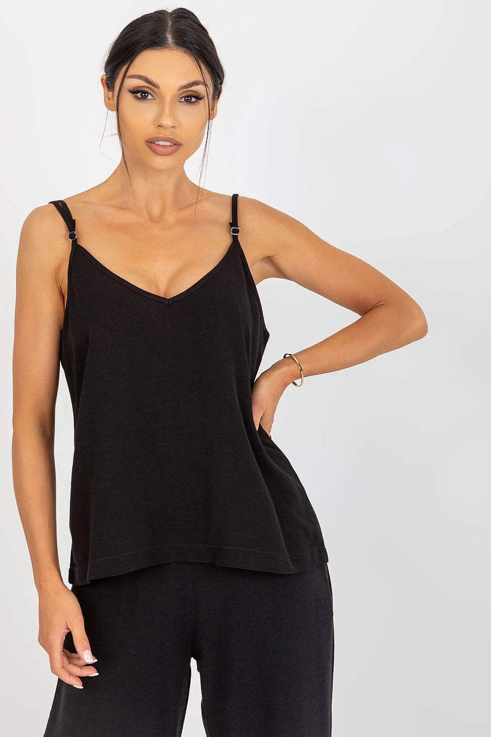 Débardeur pour femme ample bretelles ajustables col V noir coton 50% len 25% viscose 25% taille ajustable S M L XL