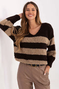 pull femme oversize court douillet pelucheux sherpa bouclé rayé chocolat camel décolleté V manches longues chaud confortable alpaga mélange