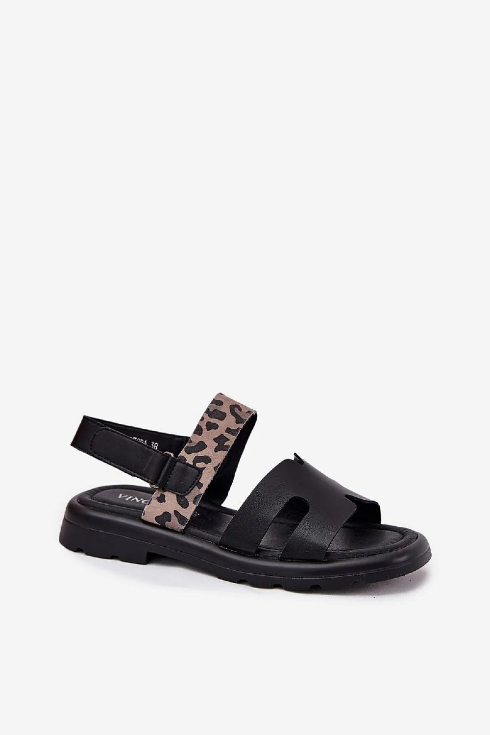 Sandales pour femmes Vinceza cuir noir motif léopard lanière avant découpée ajustement sécurisé talon plat semelle intérieure souple style moderne occasion quotidienne et soir