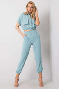 Ensemble femme coordonné chemisier manches courtes pantalon taille haute élastique bleu clair mode moderne confortable