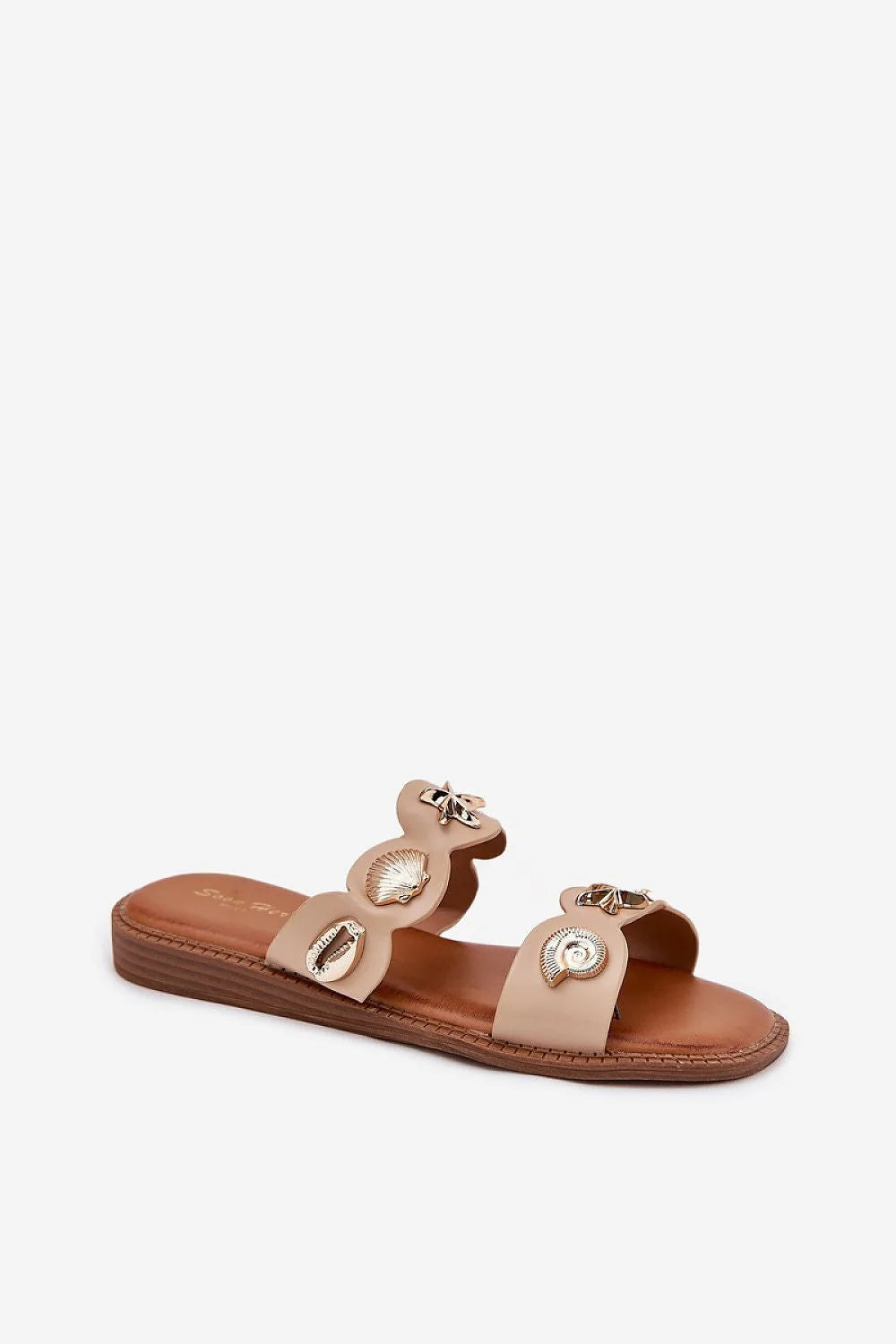 Sandales estivales ouvertes pour femmes cuir synthétique beige clair décoration coquillages talon plat confortable