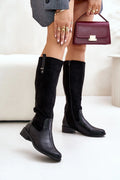 Bottes cuissardes élégantes femmes cuir lisse daim noir talon bas large style moderne intemporel