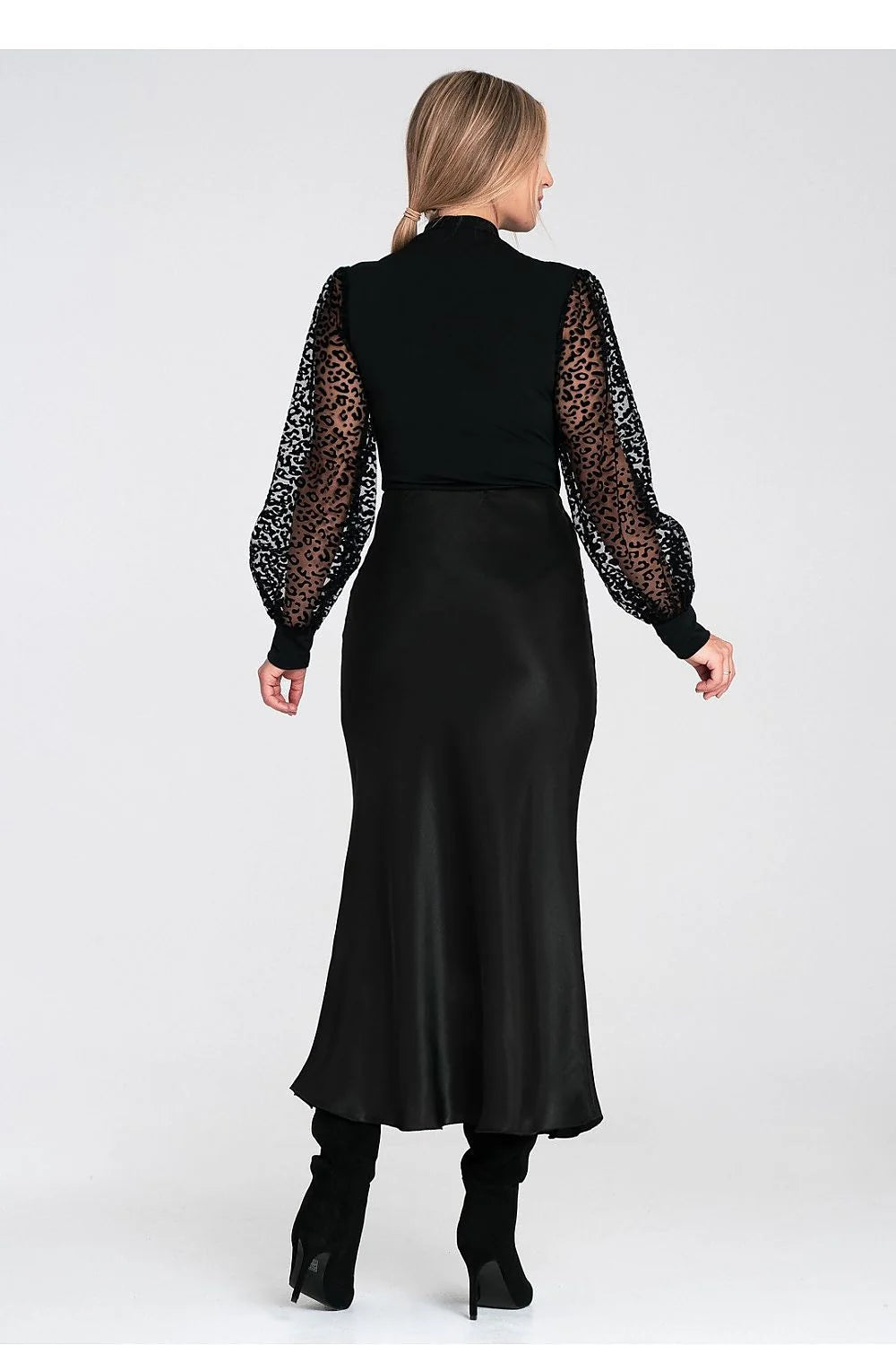 robe soirée noire fourreau décolleté V taille cintrée jupe satinée manches longues bouffantes tulle léopard flocké poignets côtelés polyester elasthanne