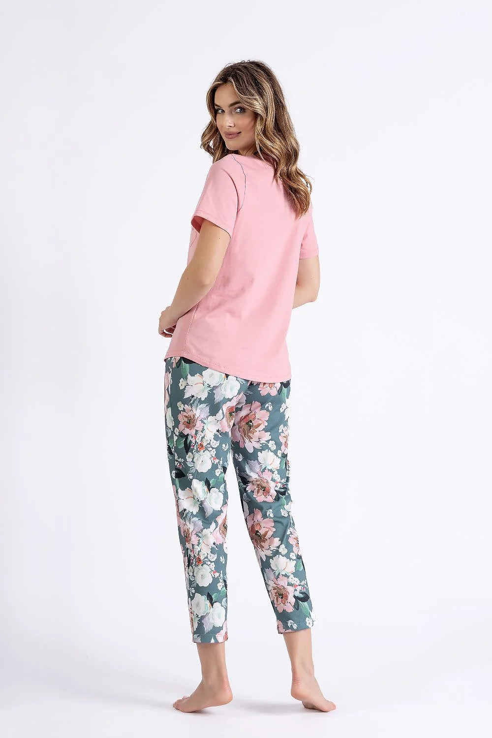 Pyjama femme confortable style décontracté robe de chambre manches courtes pantalon imprimé floral rose pâle vert sombre coton respirant