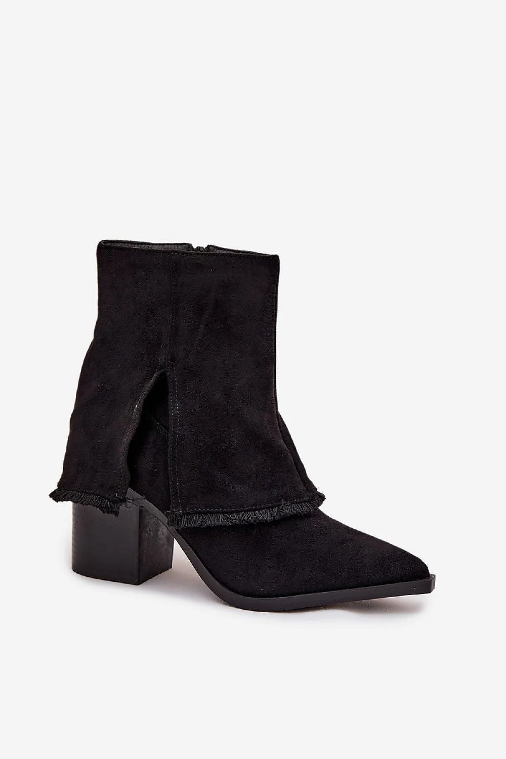bottines femme suède noir cheville bout pointu talon pilier 9 cm stable silhouette affinée confort semelle rabat frangé hiver élégant