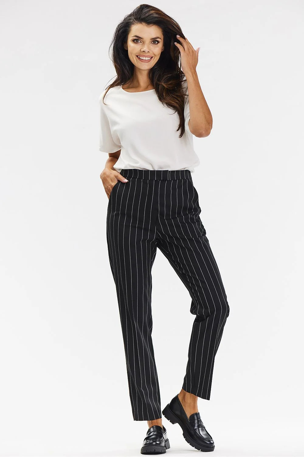 Pantalon cigarette femme Awama rayures noir blanc haute qualité taille ajustable coupe droite occasionnels élégant