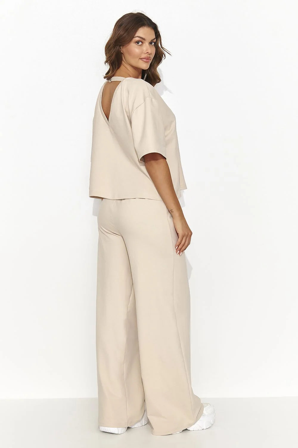 Ensemble femme confort style moderne matériau doux respirant beige Pantalon large Taille haute T-shirt ample