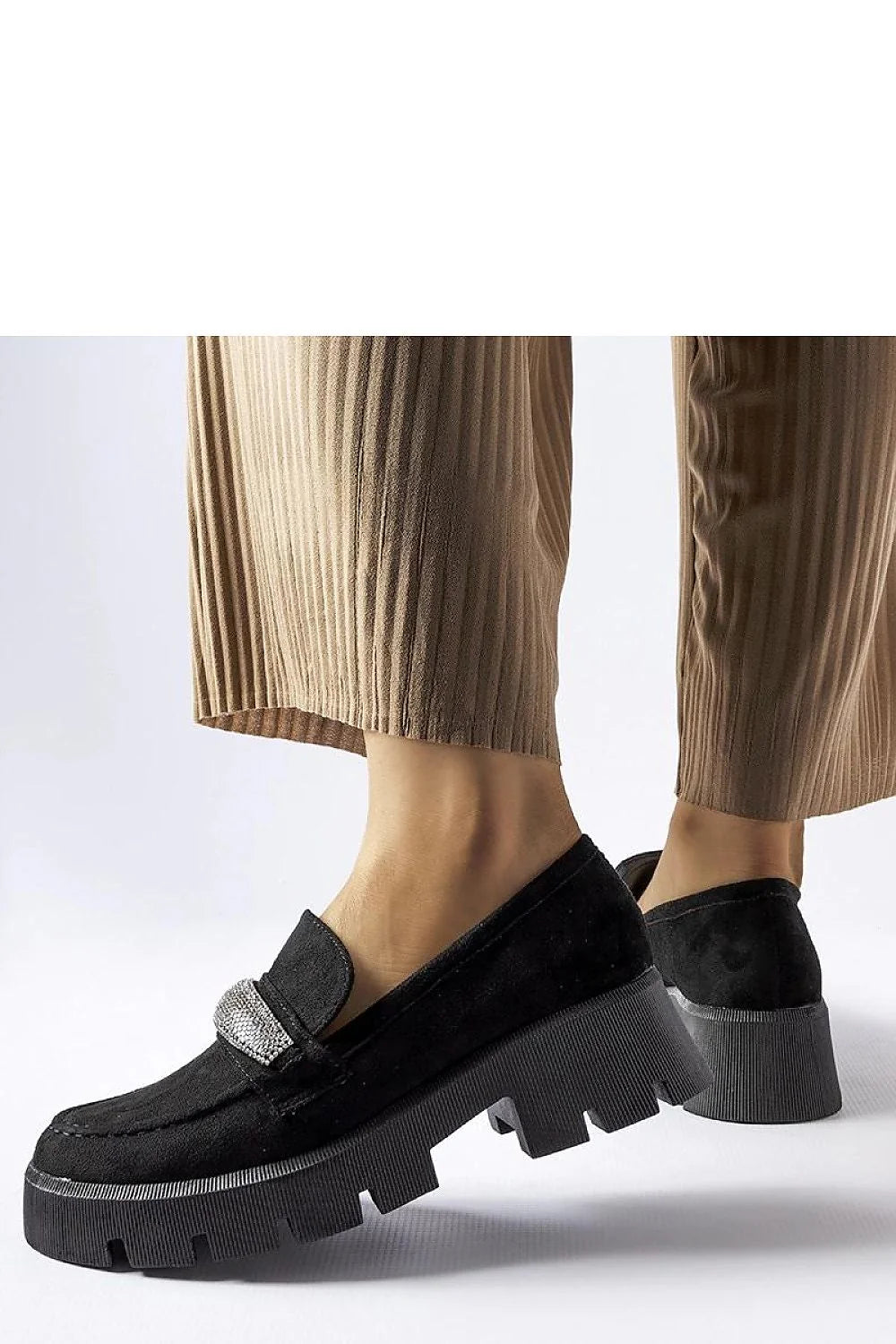 mocassins femme suédine noire strass bande argentée semelle épaisse crantée plateforme talon bloc confortable élégant sophistiqué durable urbain chic