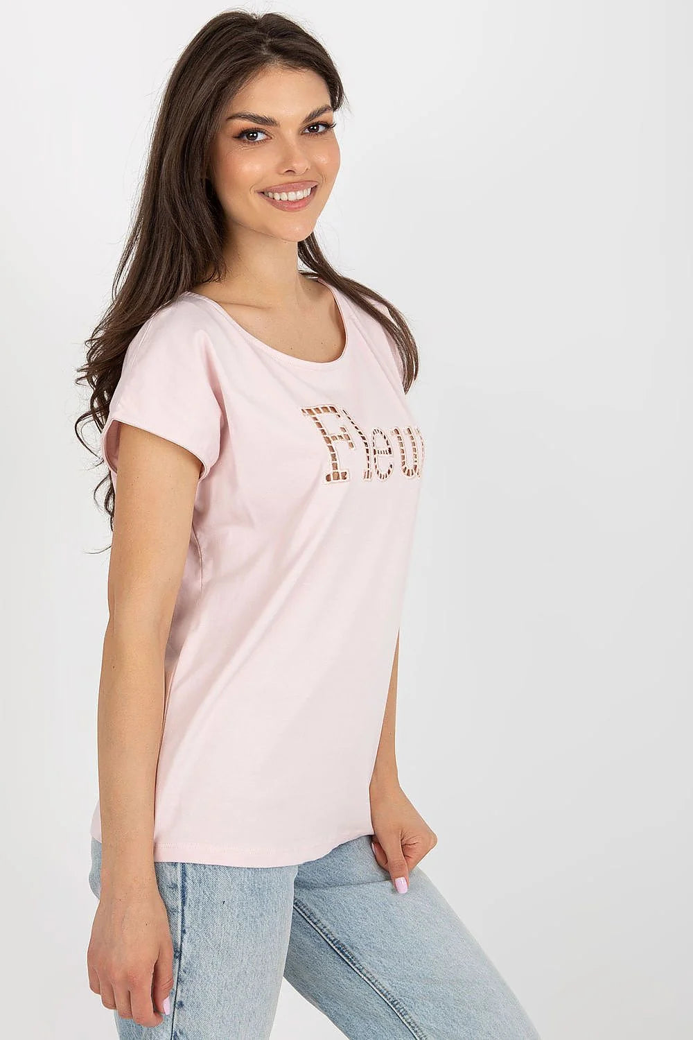 T-shirt Fancy pour femme court col rond manches courtes design moderne coupe ample coton élasthanne rose pâle