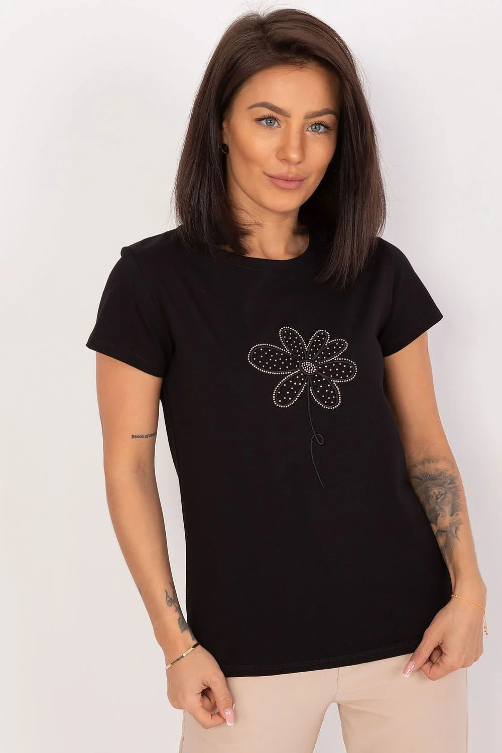 Chemisier femme élégant noir motif floral strass coton coupe ajustée manches courtes col rond occasionnels