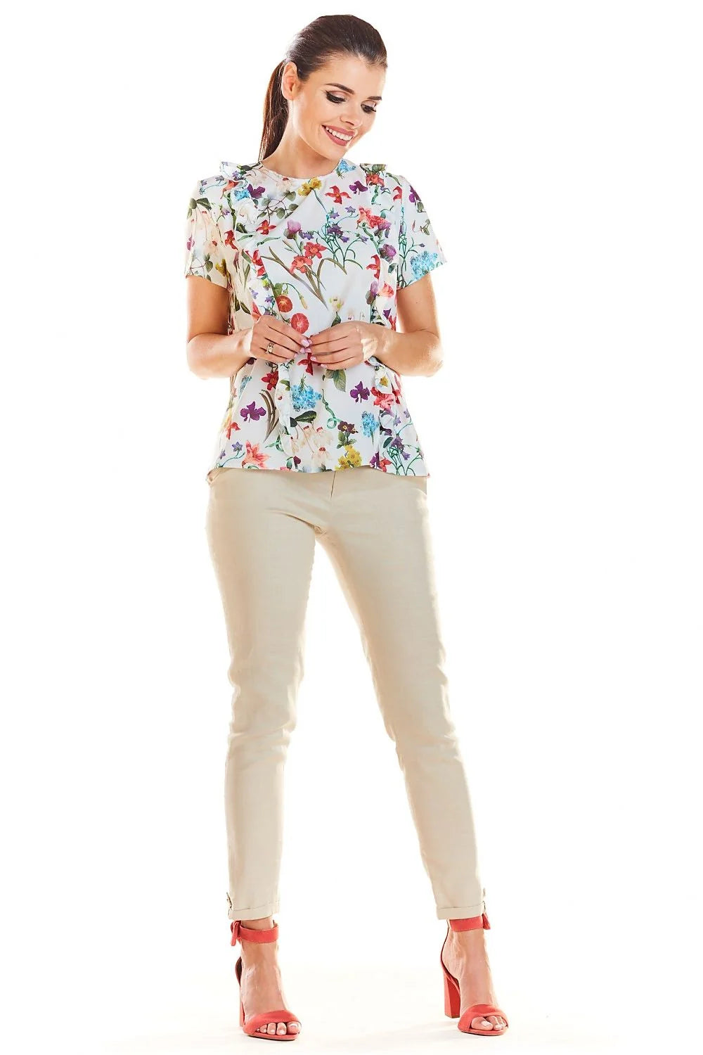 Blouse en polyester romantique avec motifs floraux multicolores, volants élégants pour toutes occasions féminines