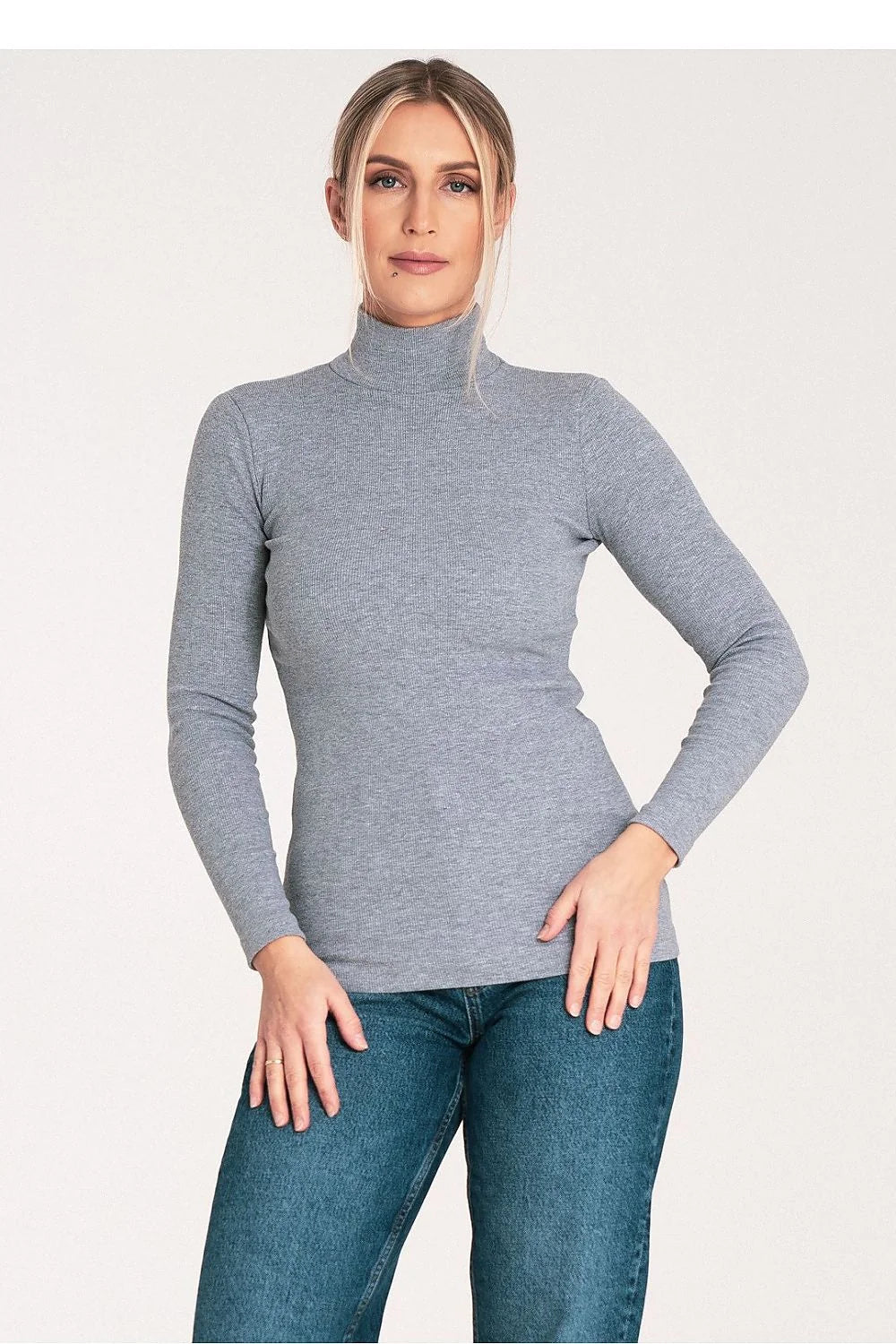 Pull à col roulé pour femme en coton élasthanne, style élégant, coupe ajustée, couleur grise, manches longues, vêtement polyvalent pour quotidien ou soirées