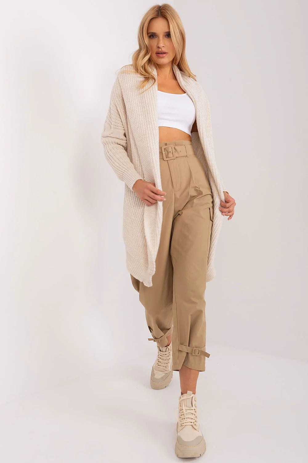 Cardigan Och Bella long ouvert devant style casual-chic coupe ample manches longues couleur crème beige tricot épais doux chaud essentiel garde-robe femme