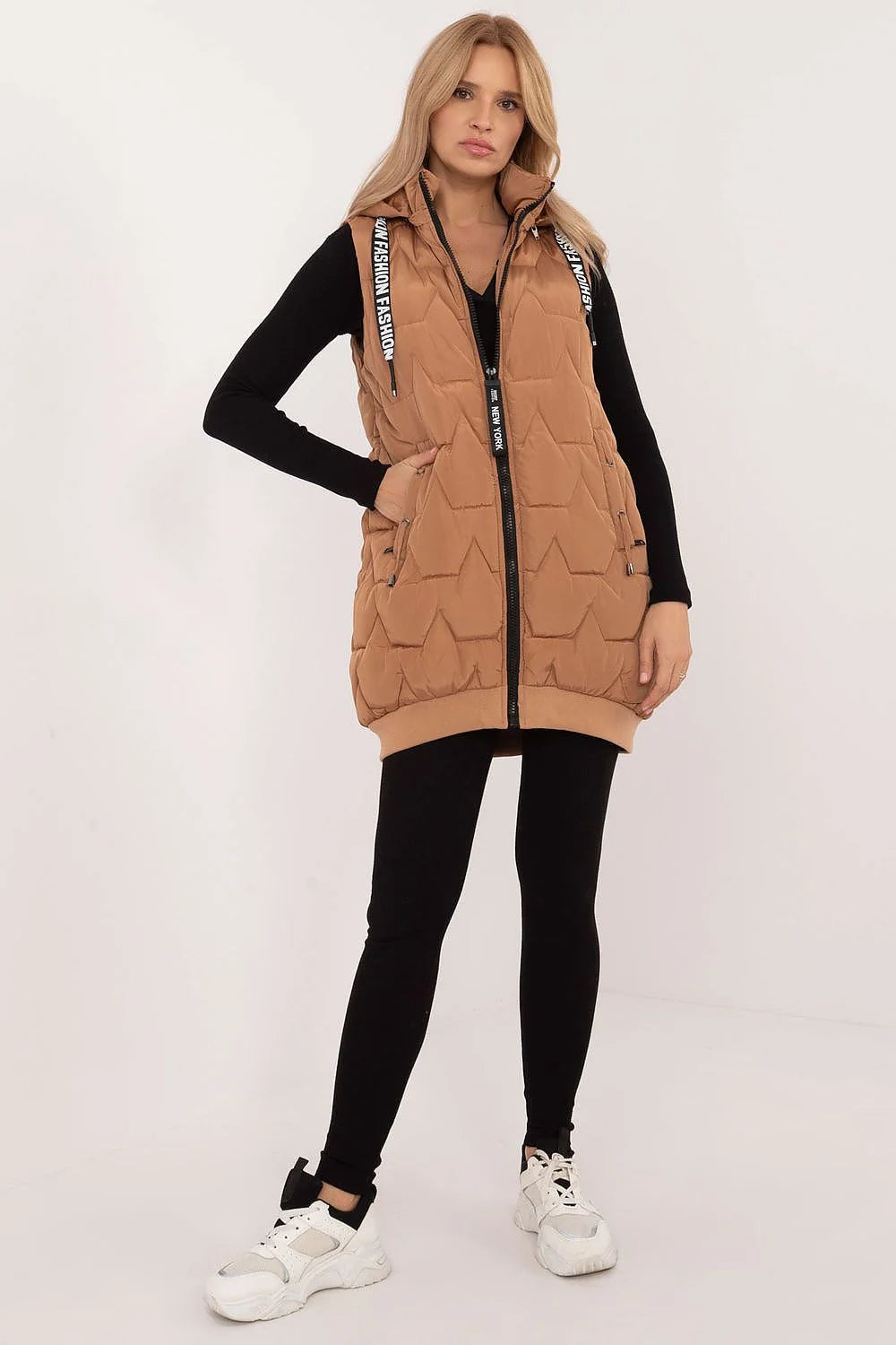 Gilet matelassé pour femme longueur genou sans manches style urbain couleur camel polyester isolation thermique