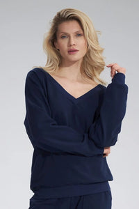 Sweatshirt coton bleu marine col v manches longues ample bouffantes tombantes dos décoratif durable femme