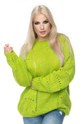 Pullover Femme Moderne Relaxé Manches Longues Vert Clair Fit Oversize Maille Épaisse Détails Ajourés Wool Blend Automne Hiver