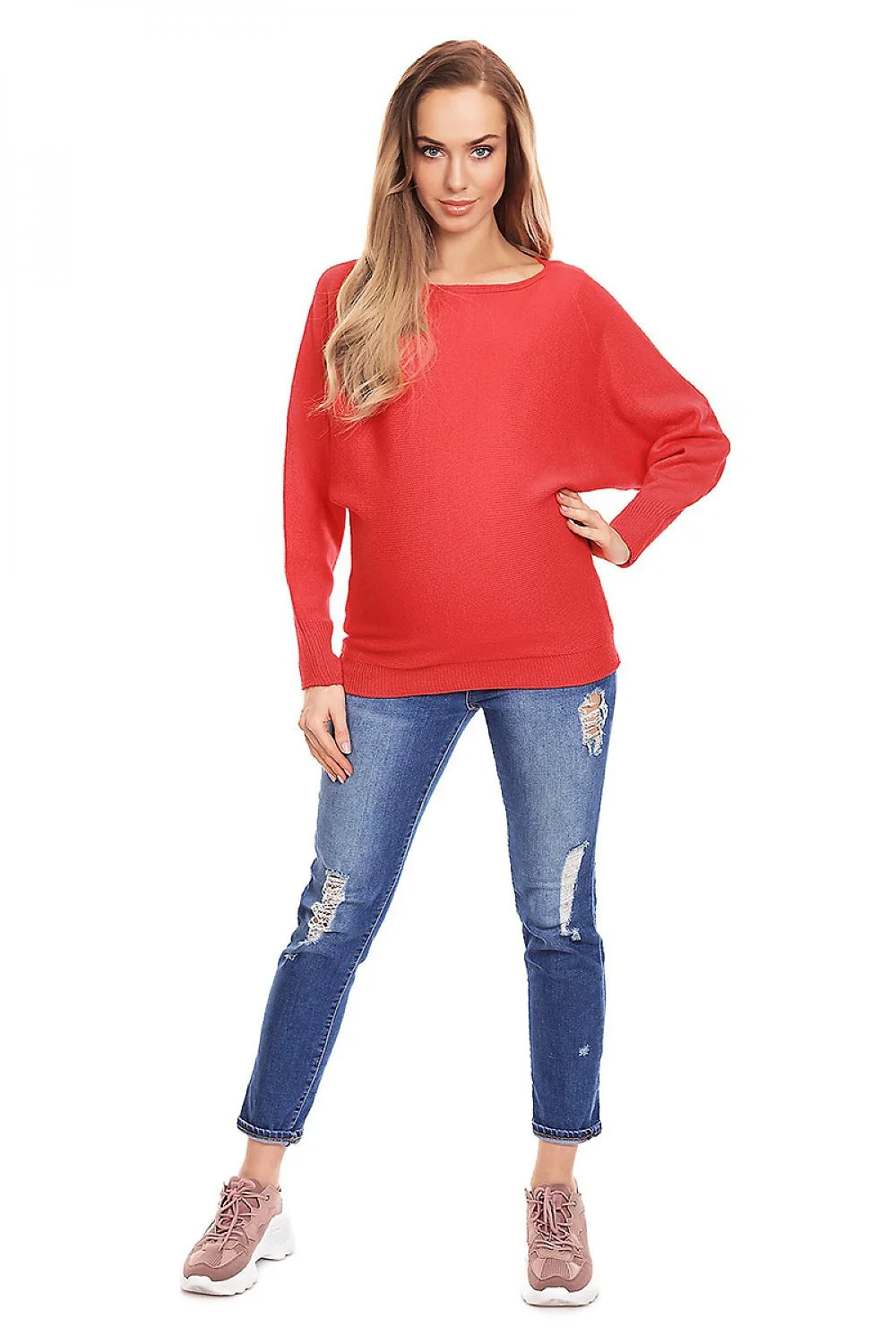 Pull pour femme en acrylique rouge vif design moderne oversize col rond manches longues occasion décontractée et semi-formelle