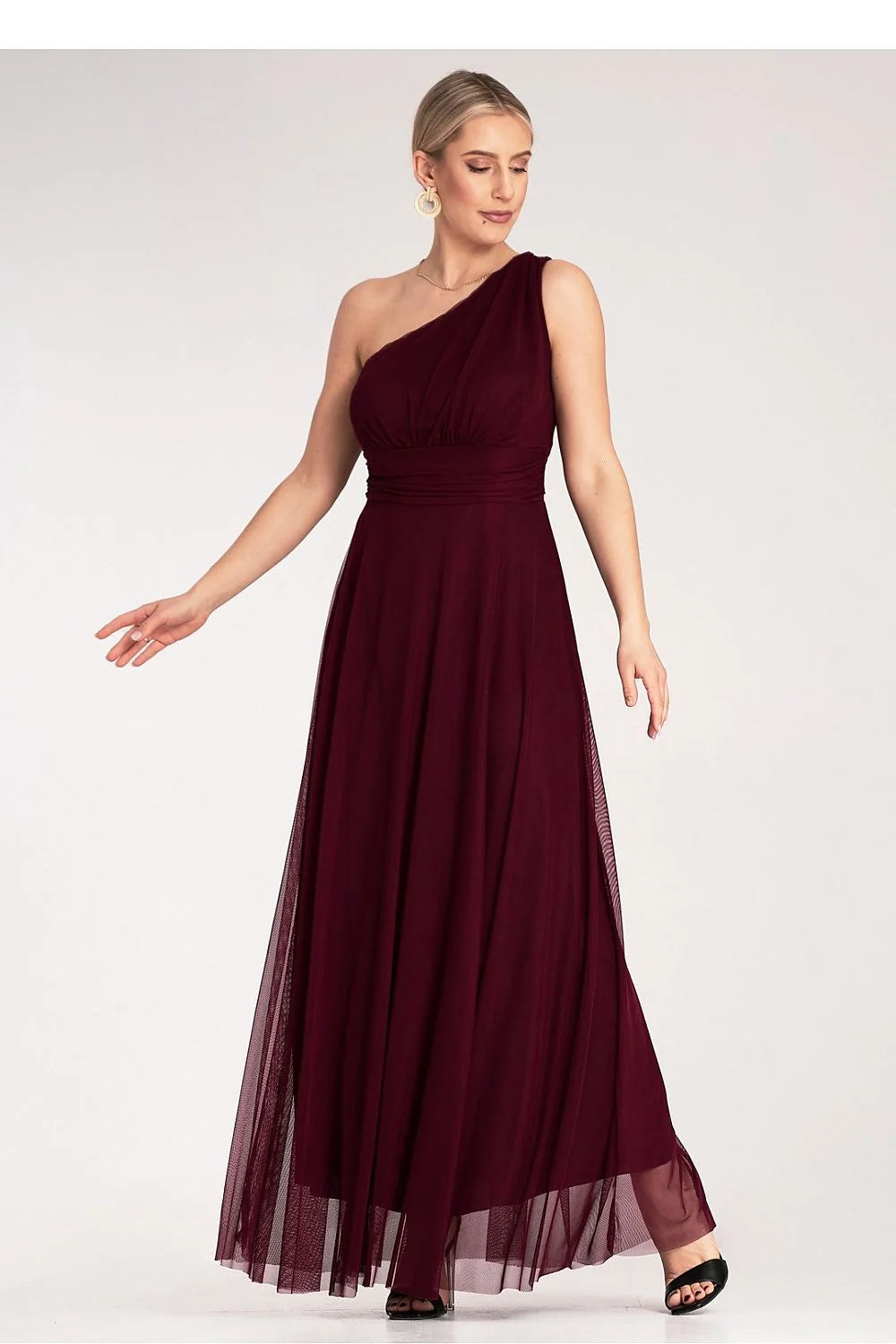 robe soirée longue asymétrique épaule dénudée bretelle large bustier drapé froncé taille empire ceinture jupe évasée fluide tulle bordeaux