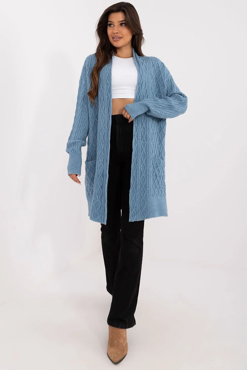 Cardigan long pour femme en tricot torsadé sans fermeture couleur bleu pâle matériau mélange acrylique polyester polyamide manches longues poches insérées
