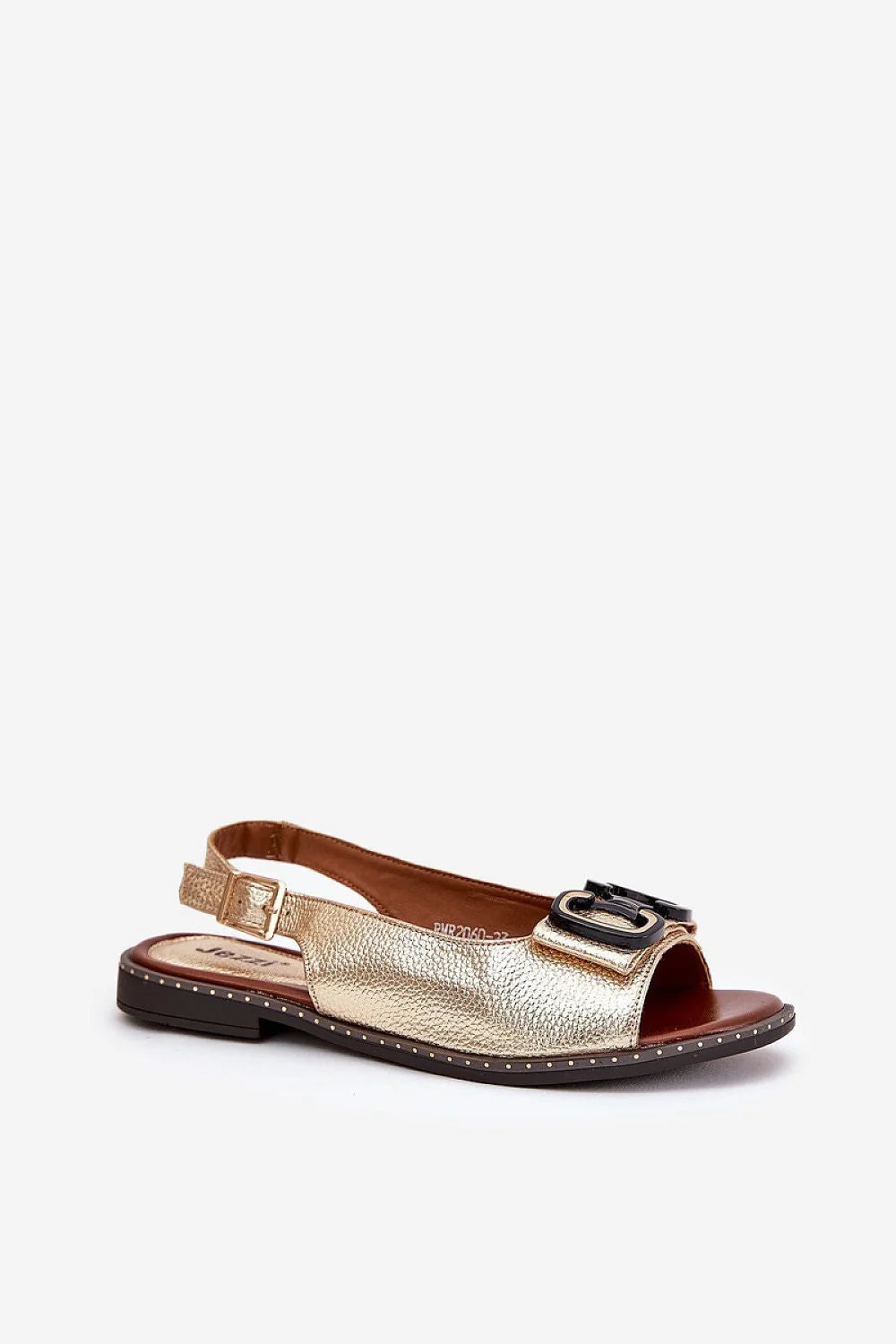 Sandales pour femmes Jezzi ouvertes à l'avant style élégant cuir doré métallisé talon plat semelle souple occasion soirée