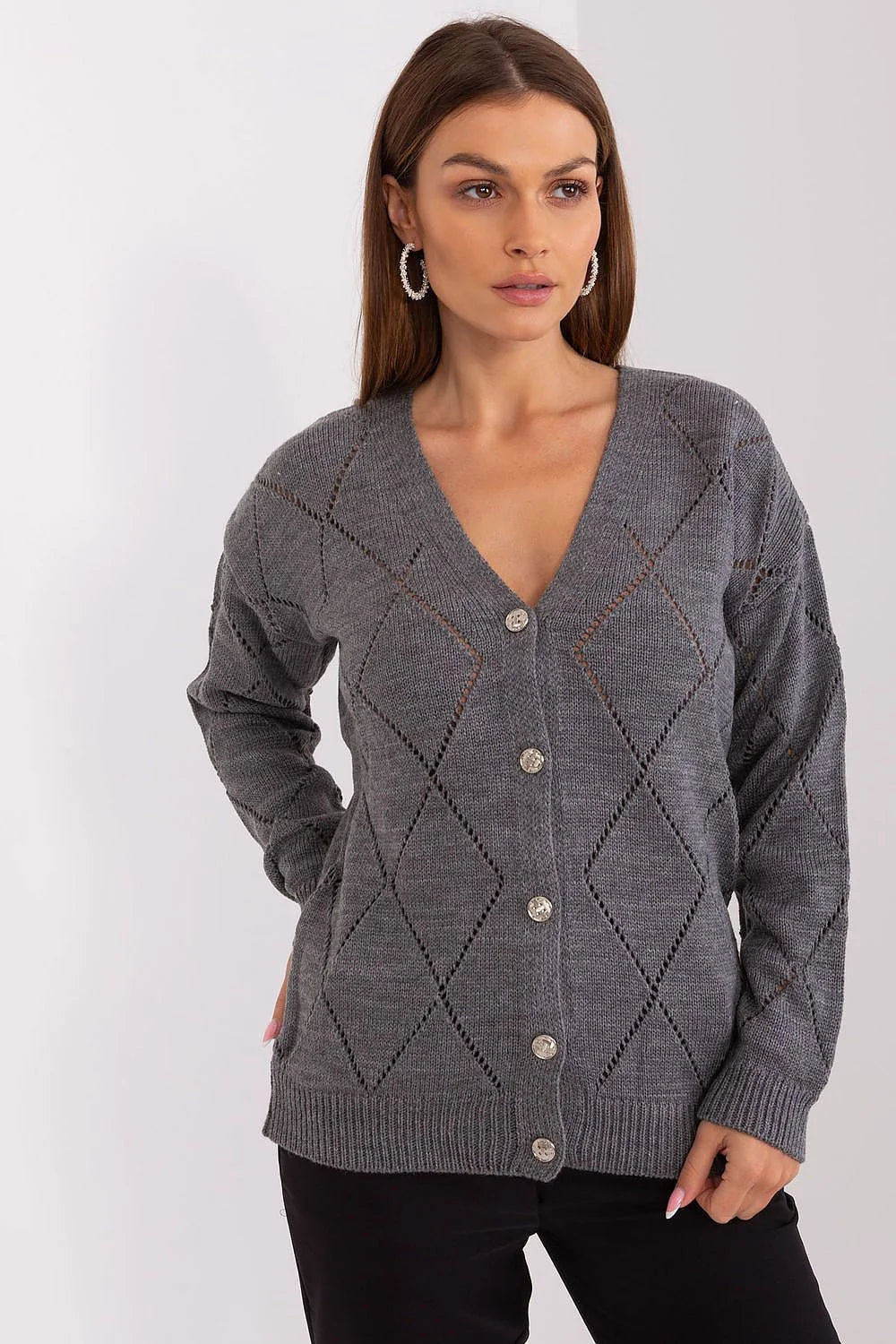 Cardigan femme motif losanges maille ajourée gris doux longues manches coupe décontractée boutons nacré