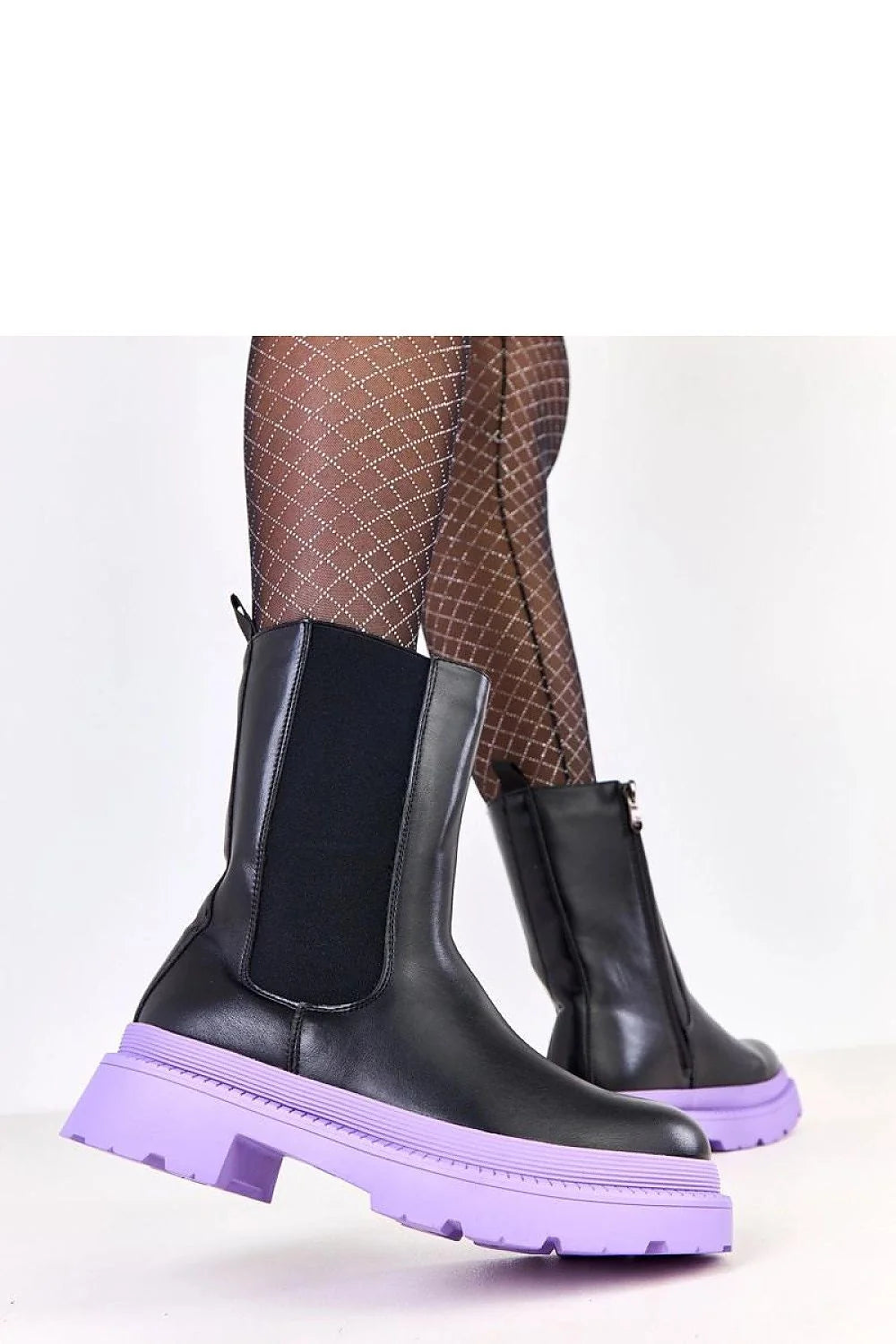 bottines femme chelsea cuir écologique noir semelle violette plateforme crantée talon 4cm bout rond doublée chaude fermeture éclair