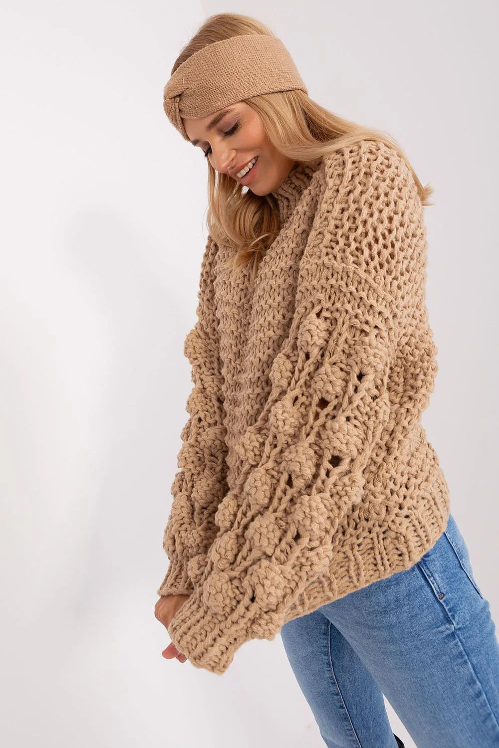 Ensemble sweater Women Beige Taupe Chunky Weave High neckline Puffed sleeves Twisted headband Autumn Winter Fashion Vêtements Mode
