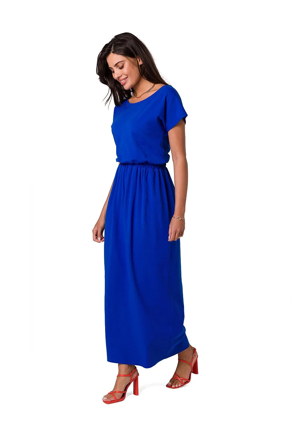 robe longue maxi coton élégante manches courtes encolure bateau vert émeraude taille élastiquée cintrée fluide douce extensible tombé lisse cheville