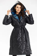 Manteau matelassé pour femme long capuche manches longues noir doublure bleu éclatant ceinture ajustable Awama automne hiver