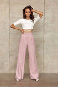 Pantalon femme élégant couleur rose pastel taille haute coupe large crop top blanc attaches croisées ensemble mode moderne