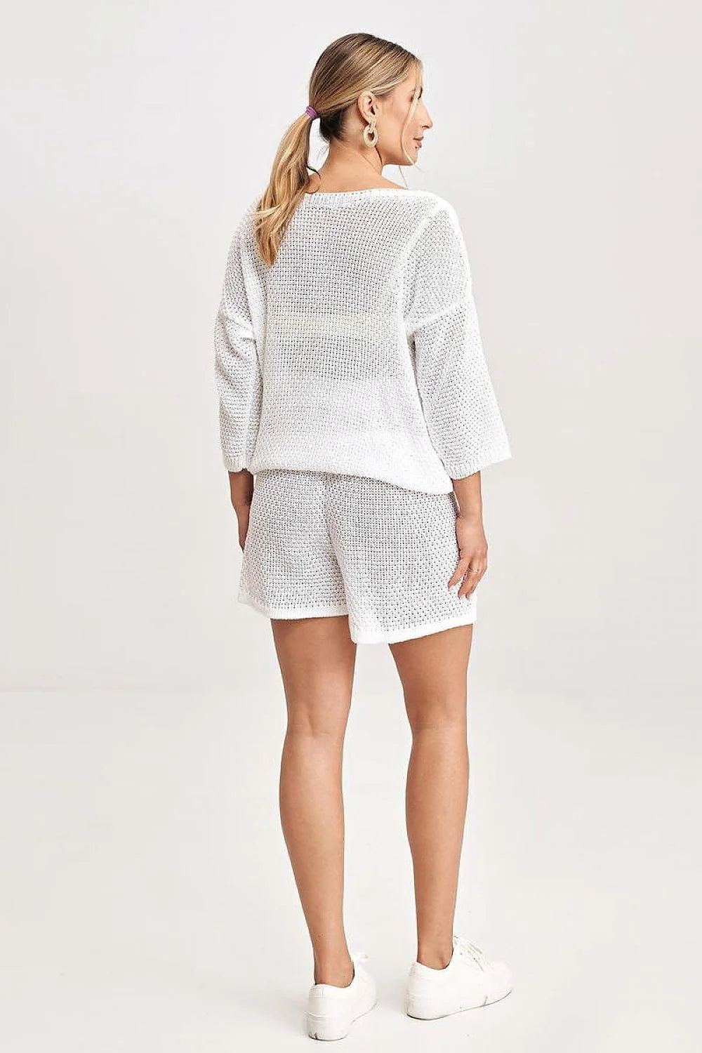 ensemble femme deux pièces crochet floral blanc oversize manches trois quarts short taille haute ajouré maille bohème chic respirant confortable