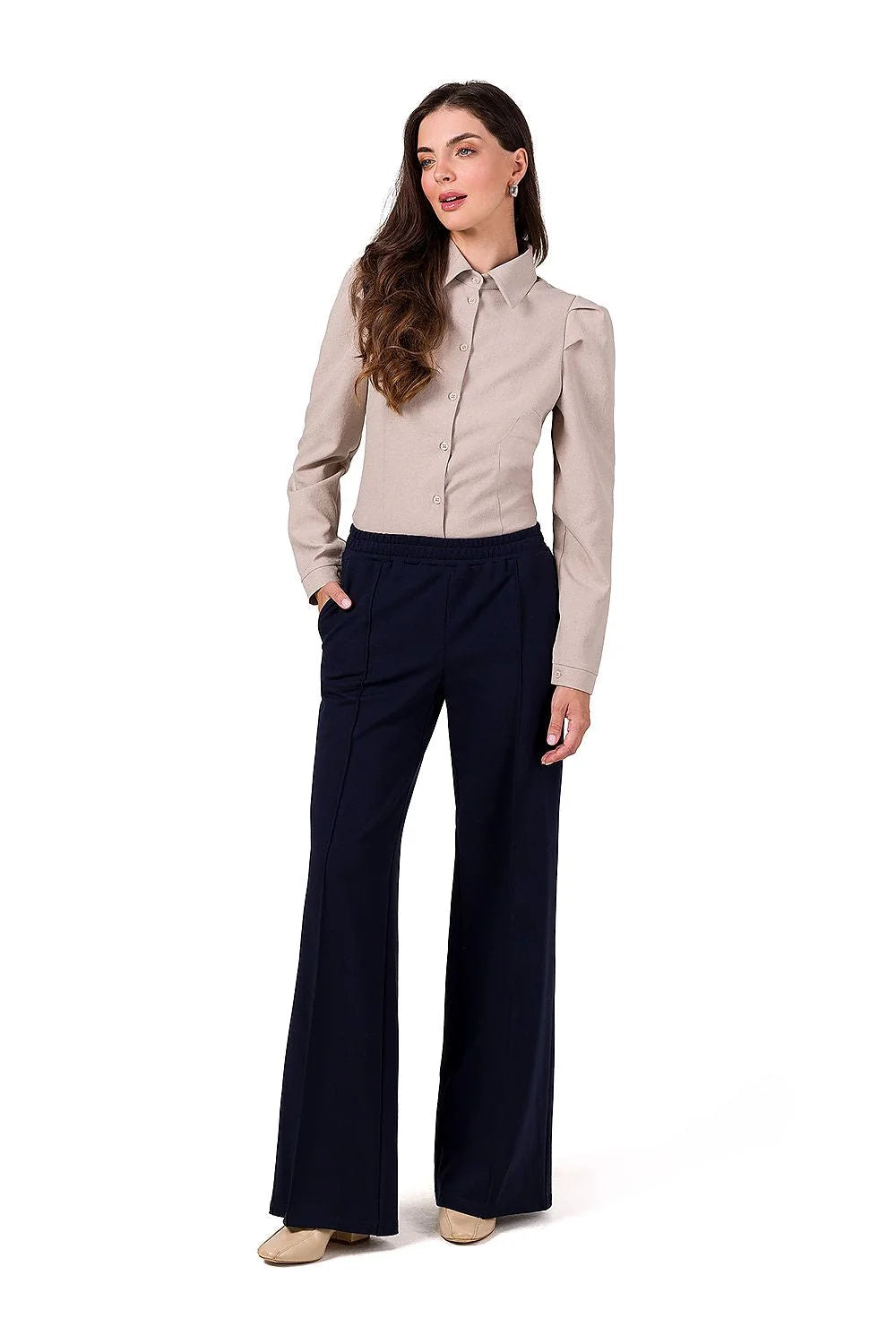 Pantalon femme Be Wear élégant bleu marine maille coton élasthanne taille élastique jambes larges poches latérales coupe moderne style intemporel