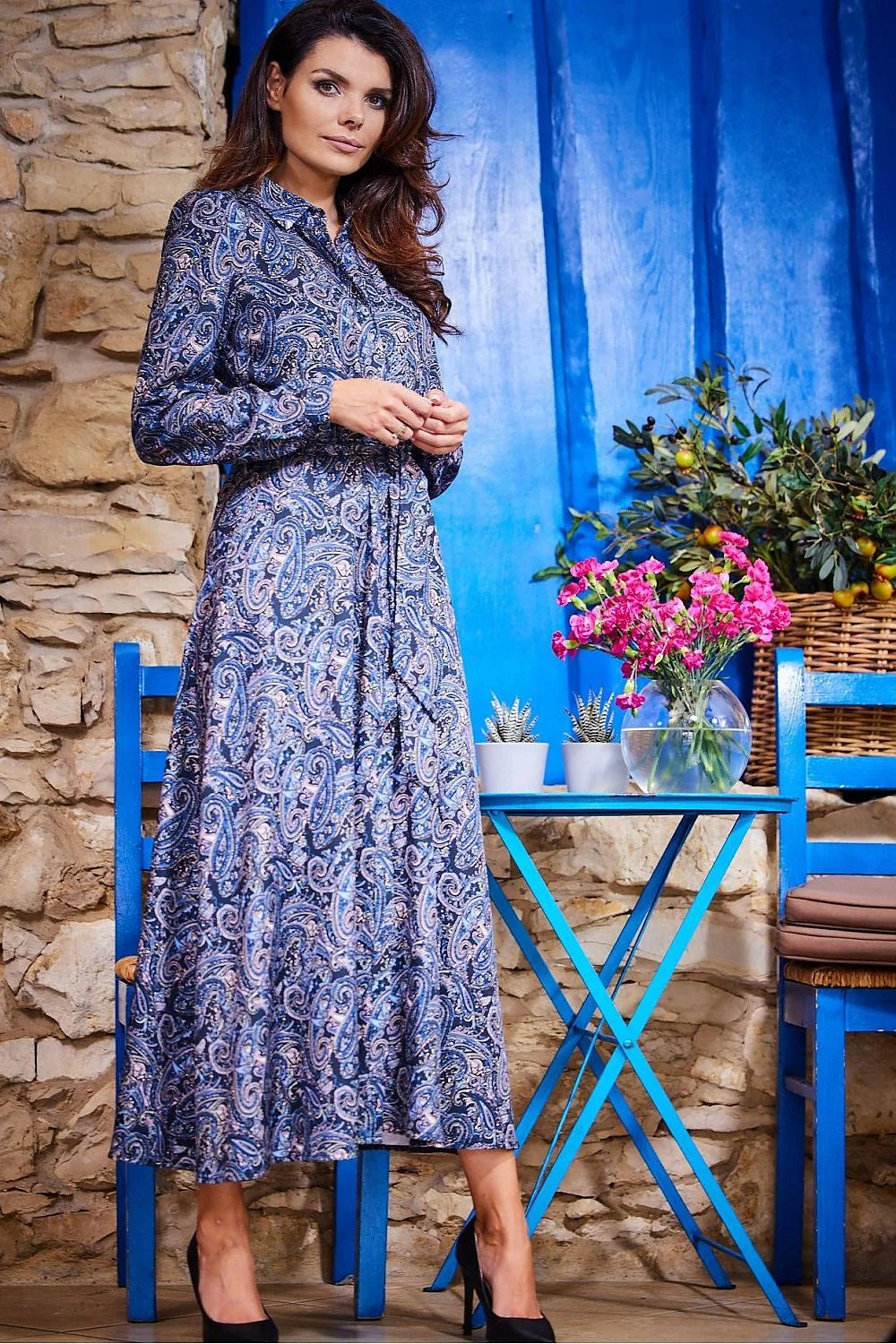 robe awama femme longue chemise manches longues motifs floraux marron caramel fluide ceinture ajustable evasee boutonnage